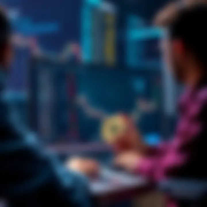 People using major exchanges to withdraw cryptocurrency for cash, showing a computer screen with exchange interface and currency symbols.