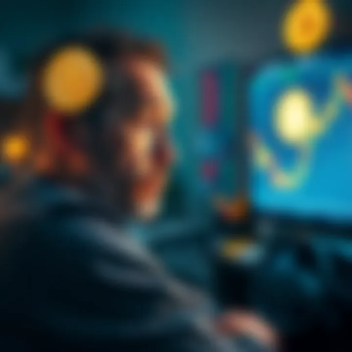 A worried man looking at fluctuating Bitcoin prices on a screen, surrounded by personal belongings like a house and car, symbolizing his risky decisions.