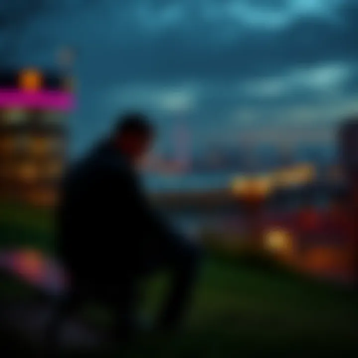 A man sitting on a bench looking sad, thinking about his experience with a cryptoscam, with a city backdrop in the distance.