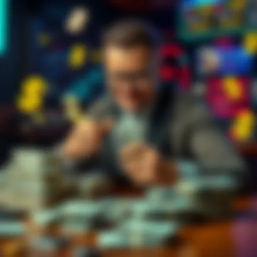 A man sits at a table counting stacks of cash, looking pleased with his profits from a rugpull scheme, surrounded by digital currency symbols.