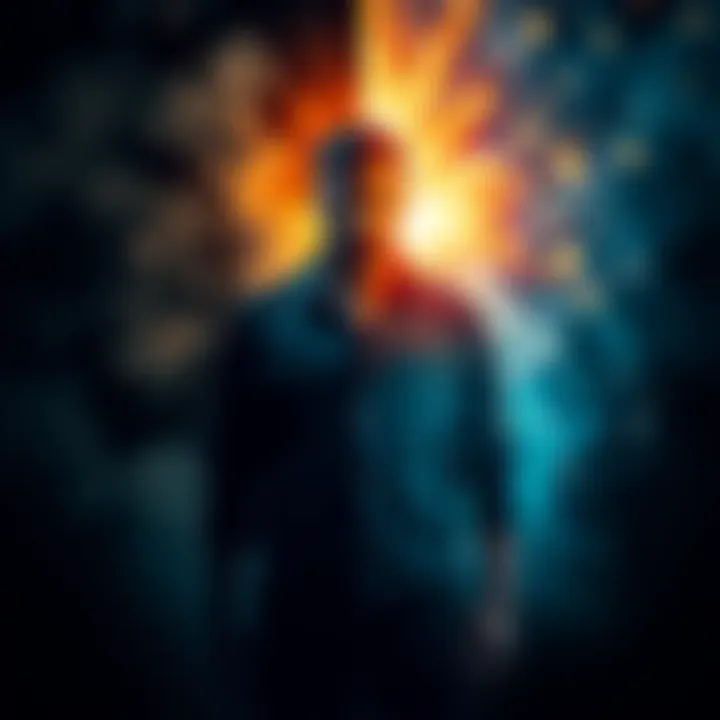 A man standing between a dark and light side, representing duality in human nature.