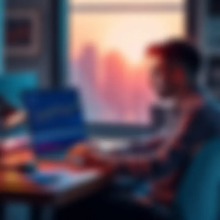Man investing in Bitcoin A man sits at a desk with a laptop, looking at Bitcoin charts and graphs, showing determination in switching from S&P stocks to cryptocurrency.