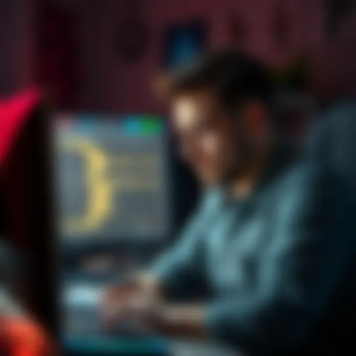 A distressed man sits at a computer, looking frustrated while trying to recover a forgotten password related to his cryptocurrency account.