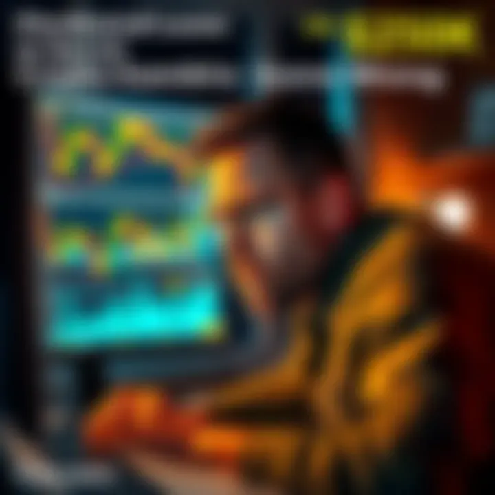 Man looking shocked at computer screen A man with a worried expression sitting in front of a computer, staring at financial charts, reflecting on cryptocurrency losses