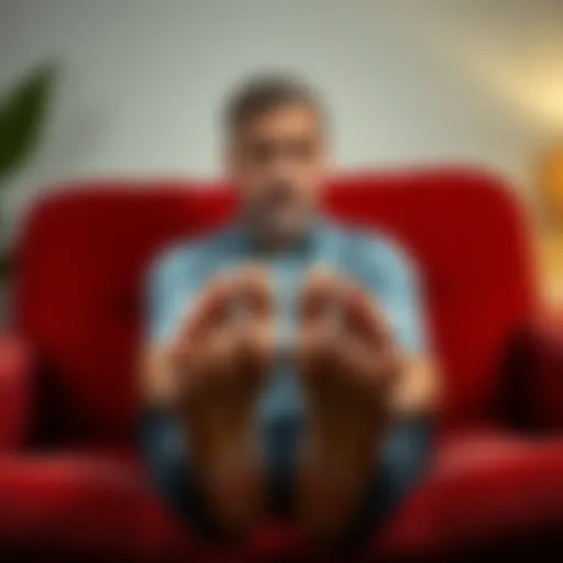 A man sitting with his feet in front of him, looking puzzled and slightly frustrated, highlighting discomfort with his body image.