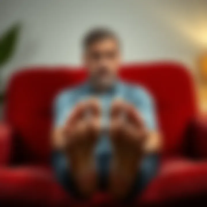 Man showing his feet A man sitting with his feet in front of him, looking puzzled and slightly frustrated, highlighting discomfort with his body image.