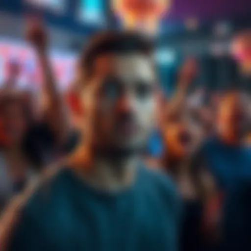A man looks disappointed as he watches a group of people excitedly celebrating their success, symbolizing feelings of exclusion and frustration.