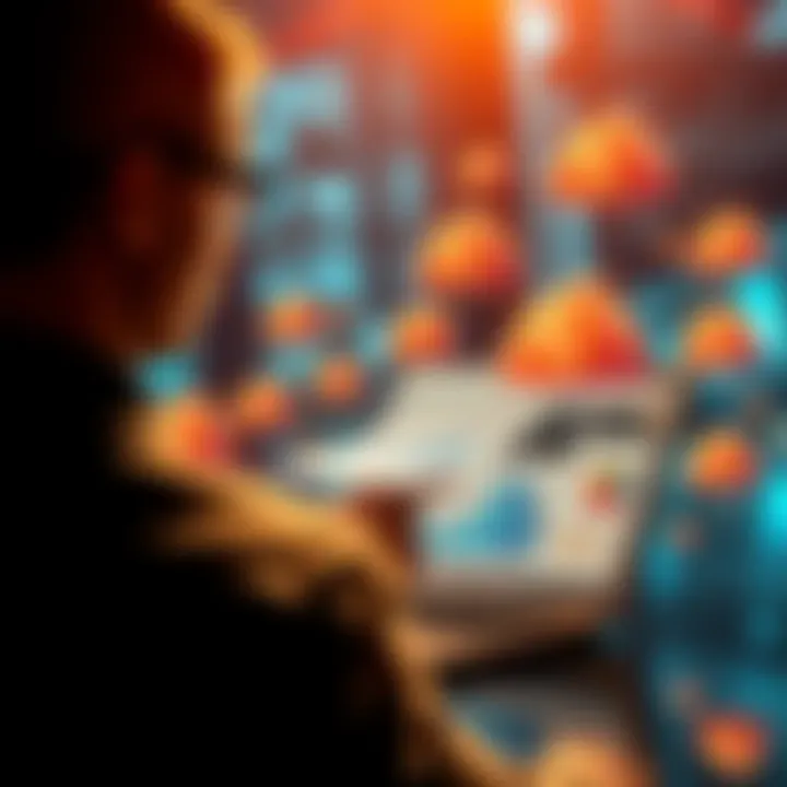 A business person analyzing charts on a laptop while surrounded by cloud symbols representing AI spending