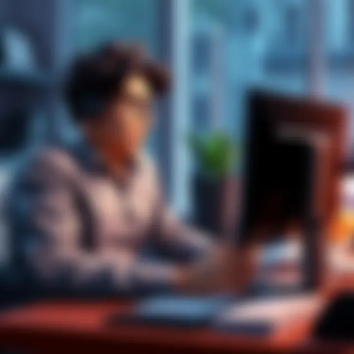 Managing Client Payments in Roblox A Roblox scripter sitting at a desk, reviewing payment options on a computer screen with a focused expression while keeping financial documents organized.