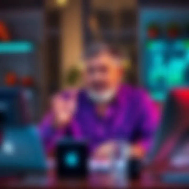 Mance Harmon speaking about the role of technology in daily life, surrounded by digital devices and a modern workspace