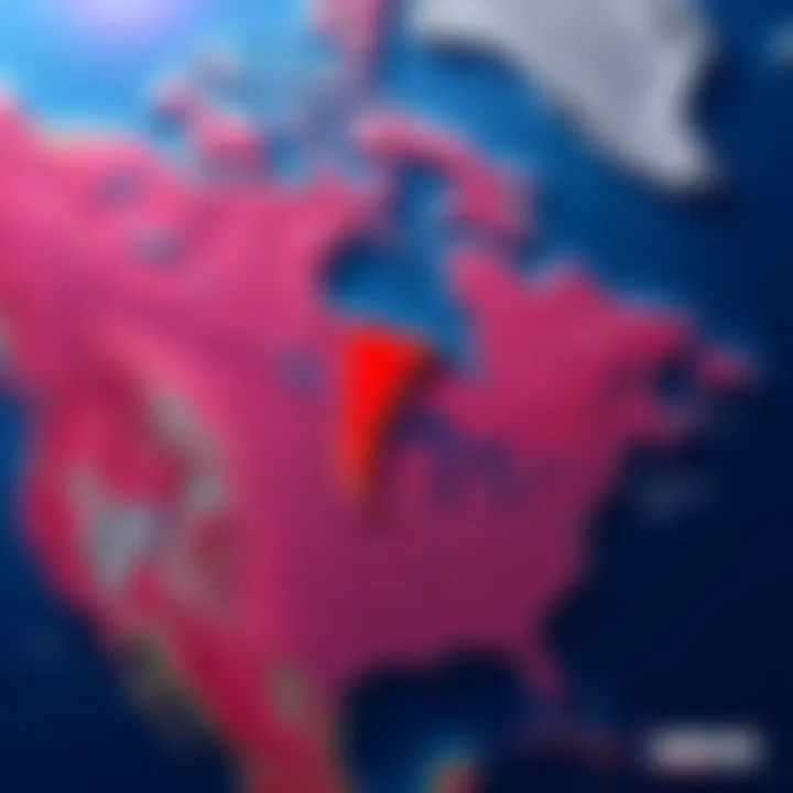 Map showing Chile between Canada and USA Illustration of a map with Chile placed between Canada and the USA, highlighting geographical changes