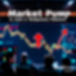 An upward trend graph with a downward arrow indicating a market fakeout, surrounded by worried traders.