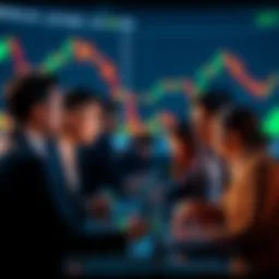 A group of diverse market analysts discussing strategies during a bear market, with charts and graphs in the background showing declining trends.