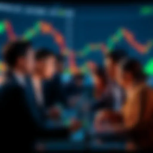 A group of diverse market analysts discussing strategies during a bear market, with charts and graphs in the background showing declining trends.