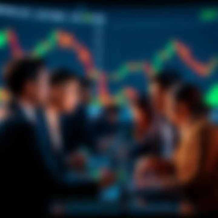 A group of diverse market analysts discussing strategies during a bear market, with charts and graphs in the background showing declining trends.
