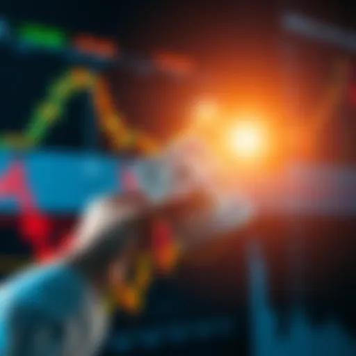 Stock market chart showing a downward trend with a hand holding cash ready to invest, symbolizing the buy the dip strategy.