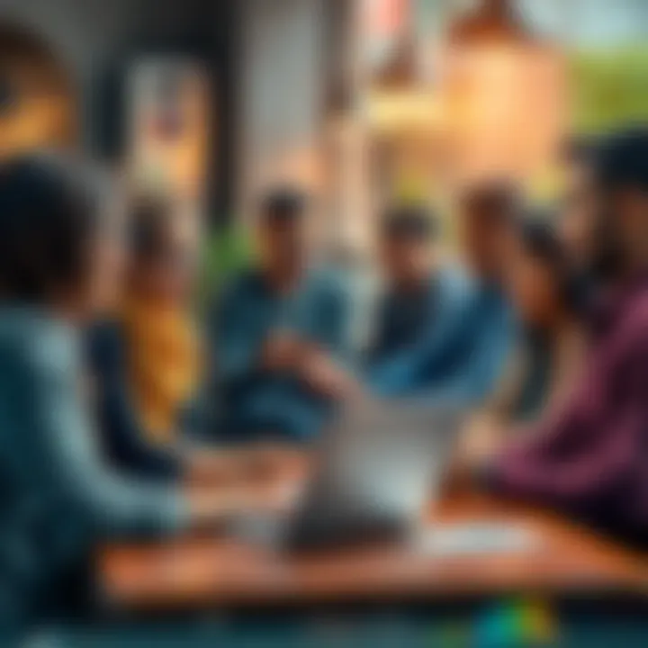 A diverse group of people discussing market trends and sharing insights at a café, with charts and graphs displayed on a laptop.