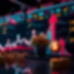 A graph showing rising market trends with upward arrows and investment symbols