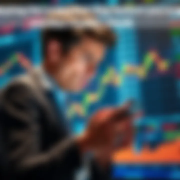 Market dip and paycheck timing A person checking stock market trends on a smartphone with a worried expression, set against a backdrop of fluctuating stock charts, symbolizing market uncertainty before payday.