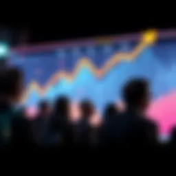 A graph showing fluctuating market trends with arrows indicating ups and downs. People watching the chart with worried expressions, symbolizing market anxiety.