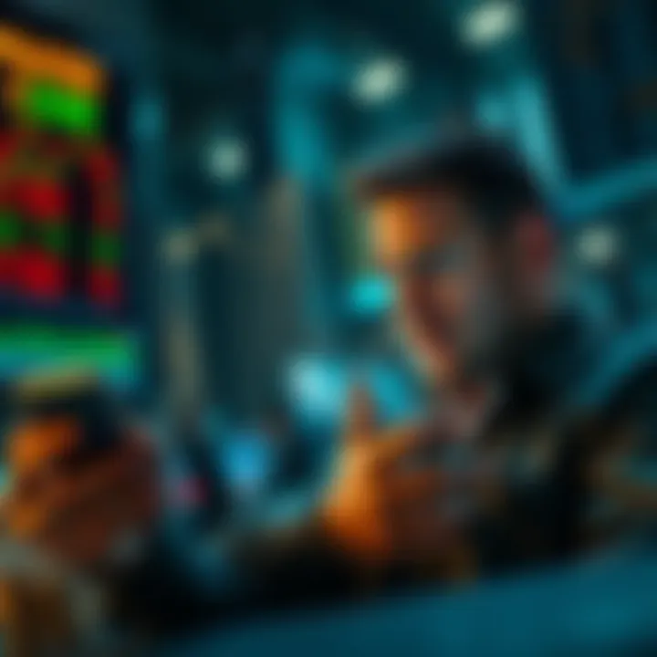 An investor looks disappointed while checking stock prices on a phone, seeing others profit while they face losses.