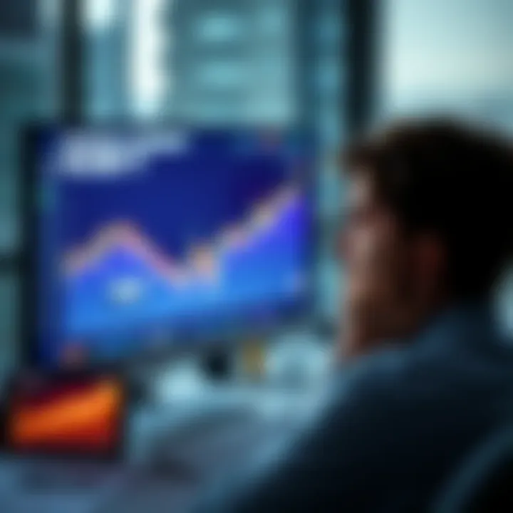 A person looking distressed while watching a stock chart showing a sharp increase, symbolizing regret after selling at a low point, with a computer screen and financial documents in the background.