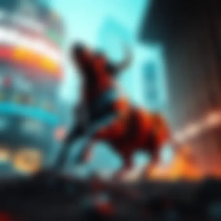 Market Recovery A bull rising from the ground, symbolizing a market recovery as stocks show upward trends.