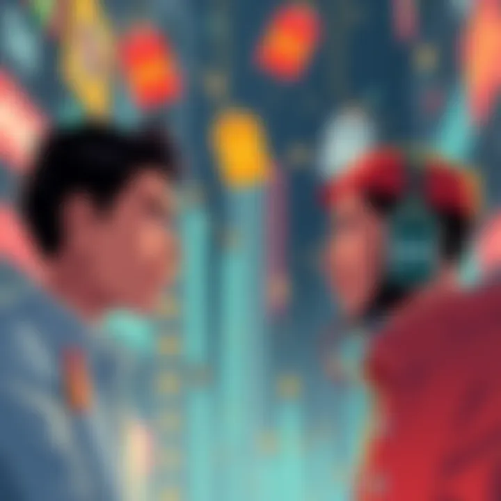 Illustration showing buyers and sellers facing off, with price tags for 50k and 80k floating above them