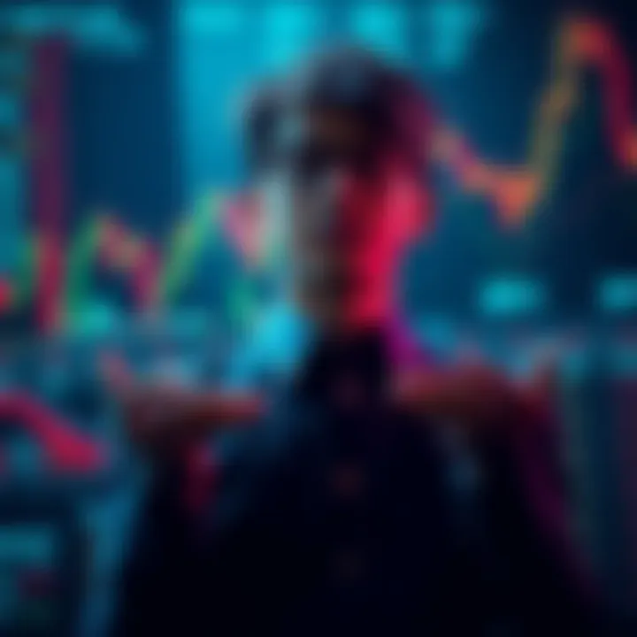 A person weighing options between buying stocks now or waiting for better prices, with market charts in the background.