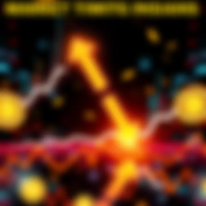 An abstract representation of market dynamics with upward and downward arrows symbolizing market trends, framed by digital currency icons.