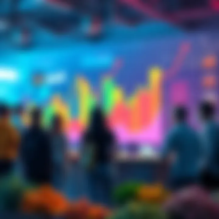 A colorful graph showing market changes with community members discussing the shifts, emphasizing engagement and observation.