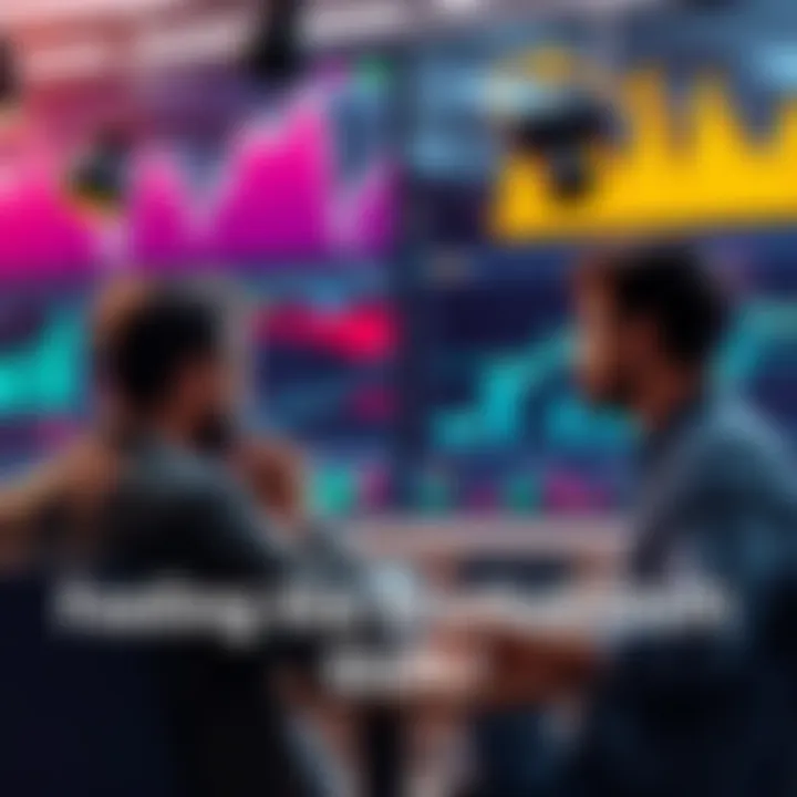 People discussing market trends with charts and graphs in the background