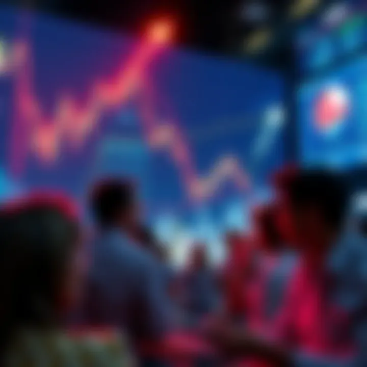 A chart showing a significant market dip with arrows pointing down, people looking at their screens with concern, and some still excited.