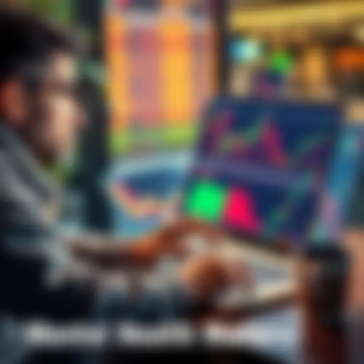 A person looking worried while checking fluctuating market charts on a laptop with a coffee cup nearby