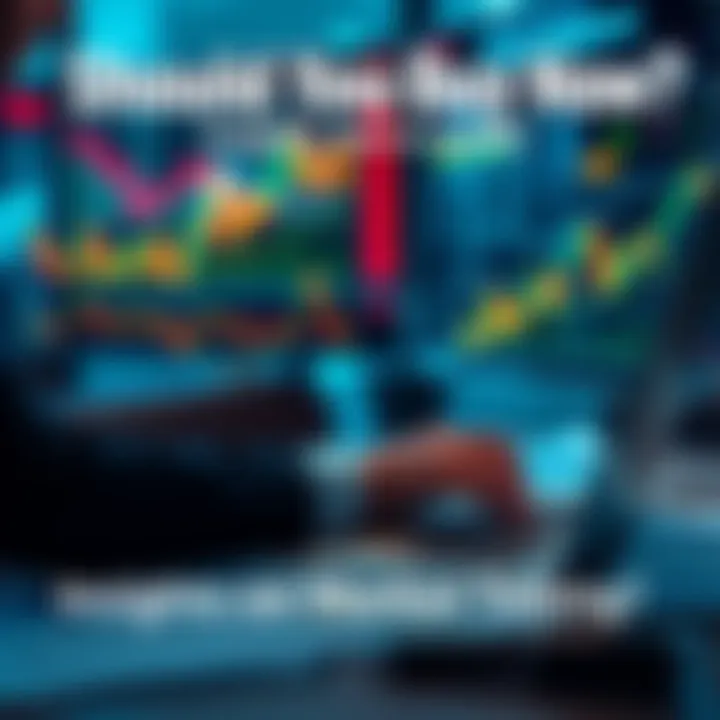 A person analyzing market graphs and charts with a laptop and financial reports on the table, considering whether to buy now or wait.