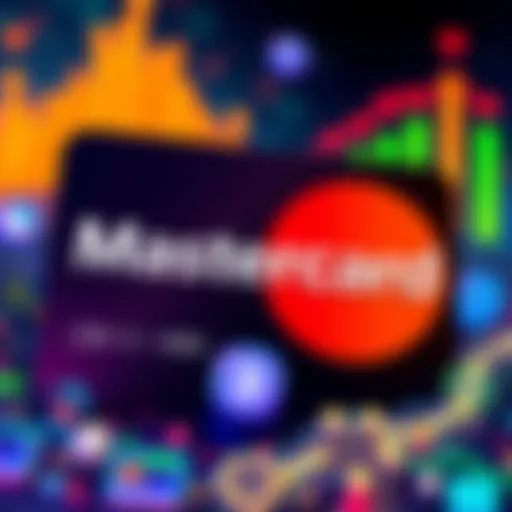 Mastercard logo alongside symbols representing various blockchain technologies and exchanges