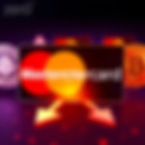 Graphic showing Mastercard logo alongside blockchain symbols representing digital currency with arrows indicating acquisition movement.