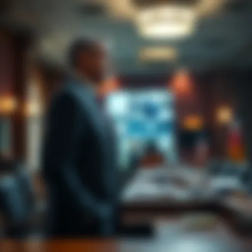 A mayor standing at a desk in City Hall, looking at community plans and engaging with staff.