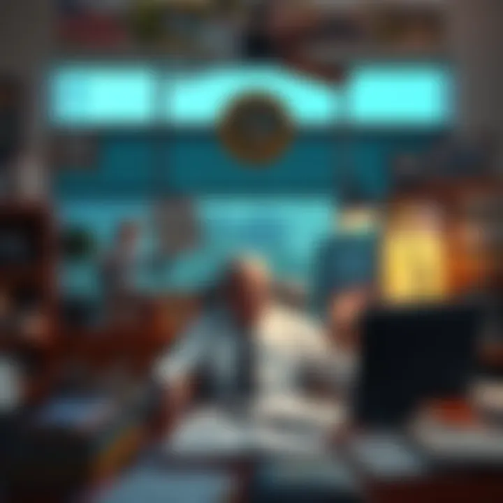 A mayor sitting at a desk in a small town office, surrounded by community photos and local maps, reflecting on leadership challenges.