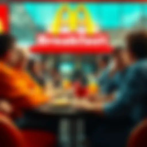 A group of people enjoying breakfast at a McDonald's, with food items like pancakes, coffee, and eggs on the table.