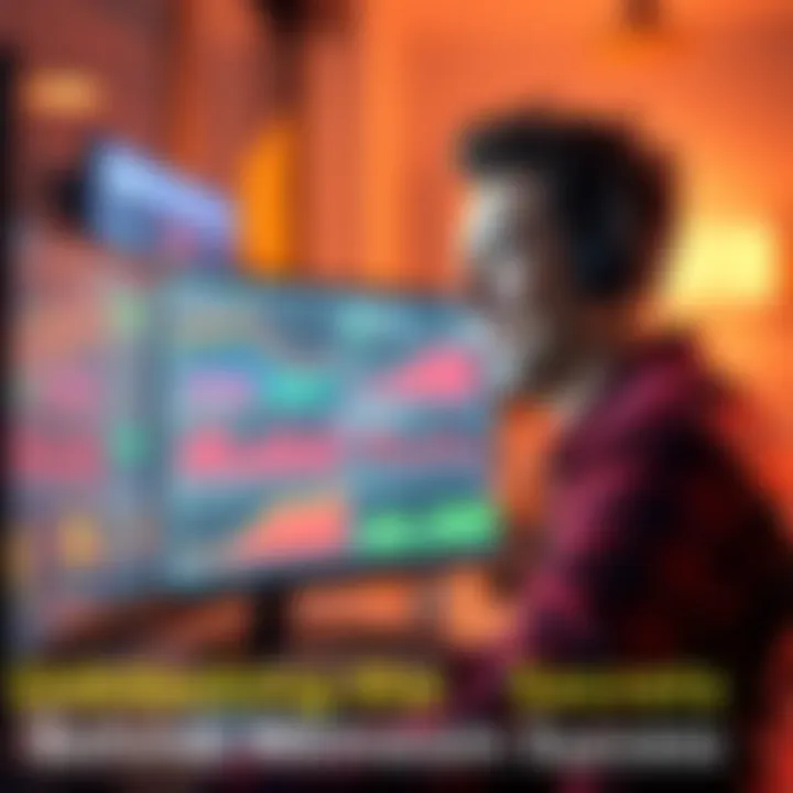 A person looking at a computer screen displaying memecoins and charts, smiling with excitement about potential profits.