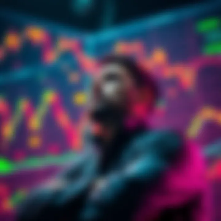 A contemplative trader surrounded by fluctuating cryptocurrency charts, symbolizing the emotional struggle of loss and hope in the memecoin market.