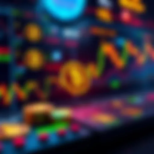 A digital representation of memecoins with various symbols and charts indicating trading activity, showcasing a vibrant and engaging trading platform.