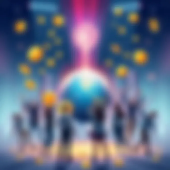 A vibrant illustration showing people celebrating around various memecoins, symbolizing community engagement and investment potential in 2025.