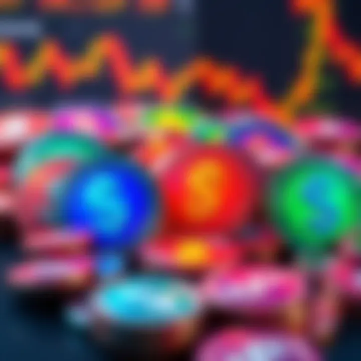 A collection of vibrant memecoins featuring dollar signs, symbolizing rising investments and community engagement, set against a background representing the stock market.