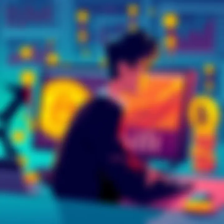 An illustration of a person analyzing memecoins on a computer, showing charts and graphs, with playful crypto coins in the background.