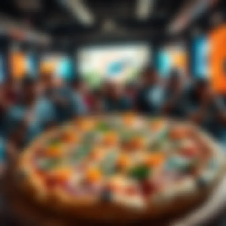 A fresh pizza topped with green and orange ingredients representing the Miami Dolphins colors, placed in a lively atmosphere with football fans enjoying it.