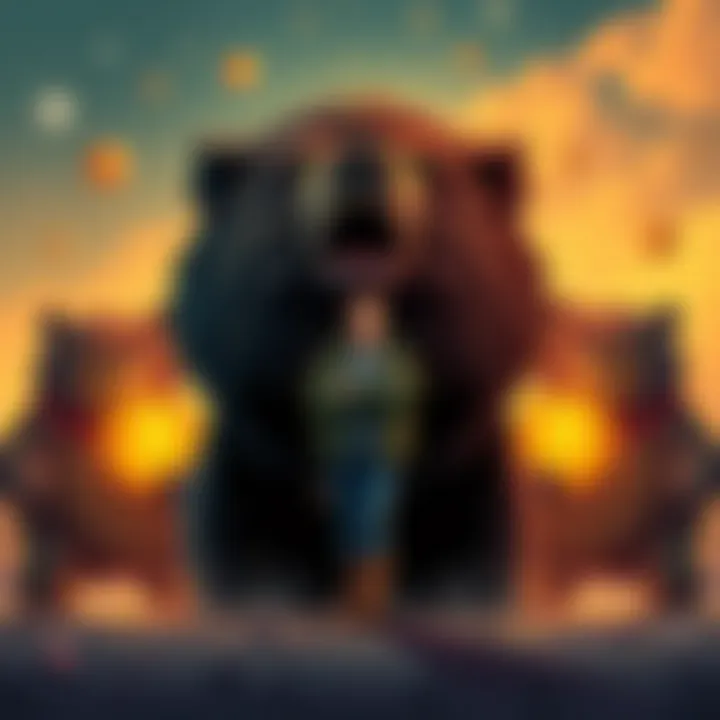 Michael Saylor Confronting Bears Michael Saylor faces cartoon bears in a dramatic setting, symbolizing challenges of Bitcoin.
