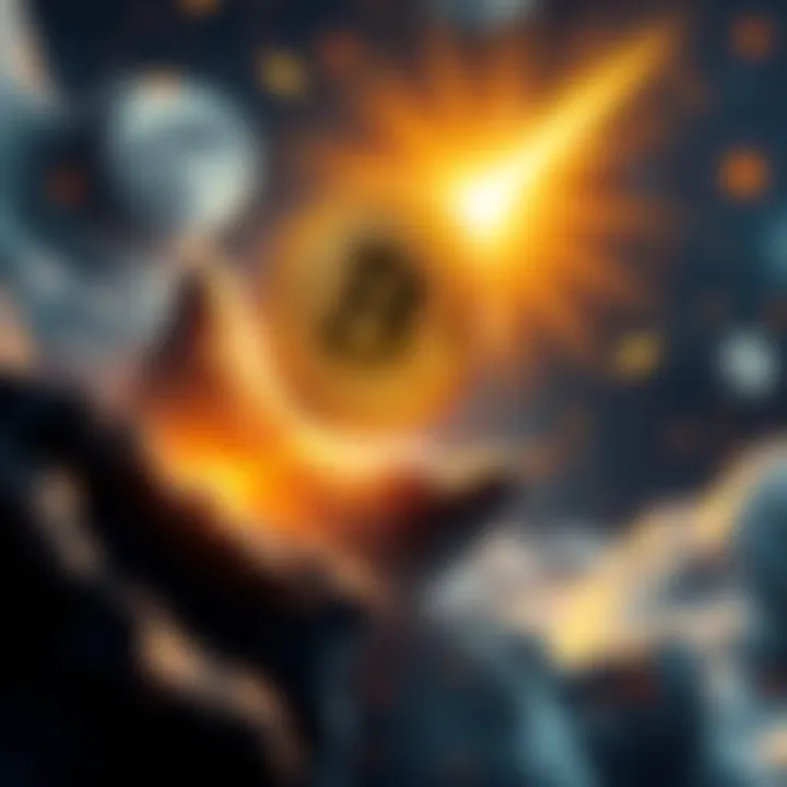 An artistic representation of Bitcoin soaring with futuristic elements symbolizing growth and investment strategies