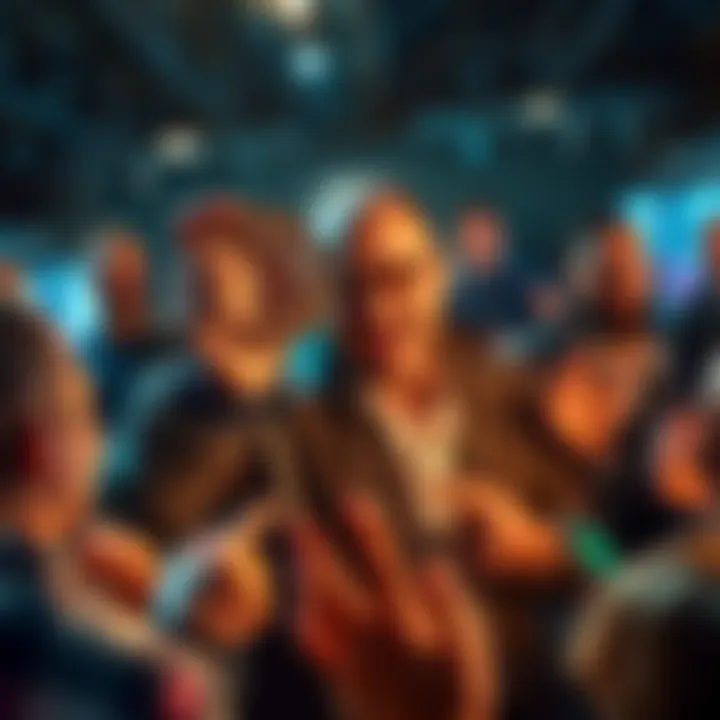 Michael Saylor holding a Bitcoin while surrounded by enthusiastic people creating memes about his recent transaction of 32 BTC.
